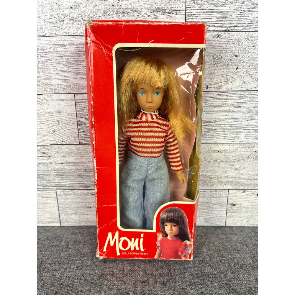 MONI URANIUM DOLL Vintage 7.5 Inch Blonde Girl Red Stripe Top Jeans Boxed